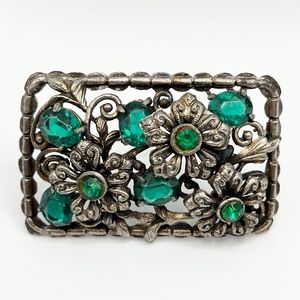Antique Art Nouveau Green Glass Floral Pin Brooch